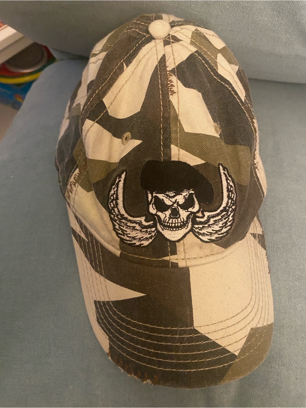 Red 1966 Skull Wings Camouflage Distressed Fitted Cap - Y2K Streetwear